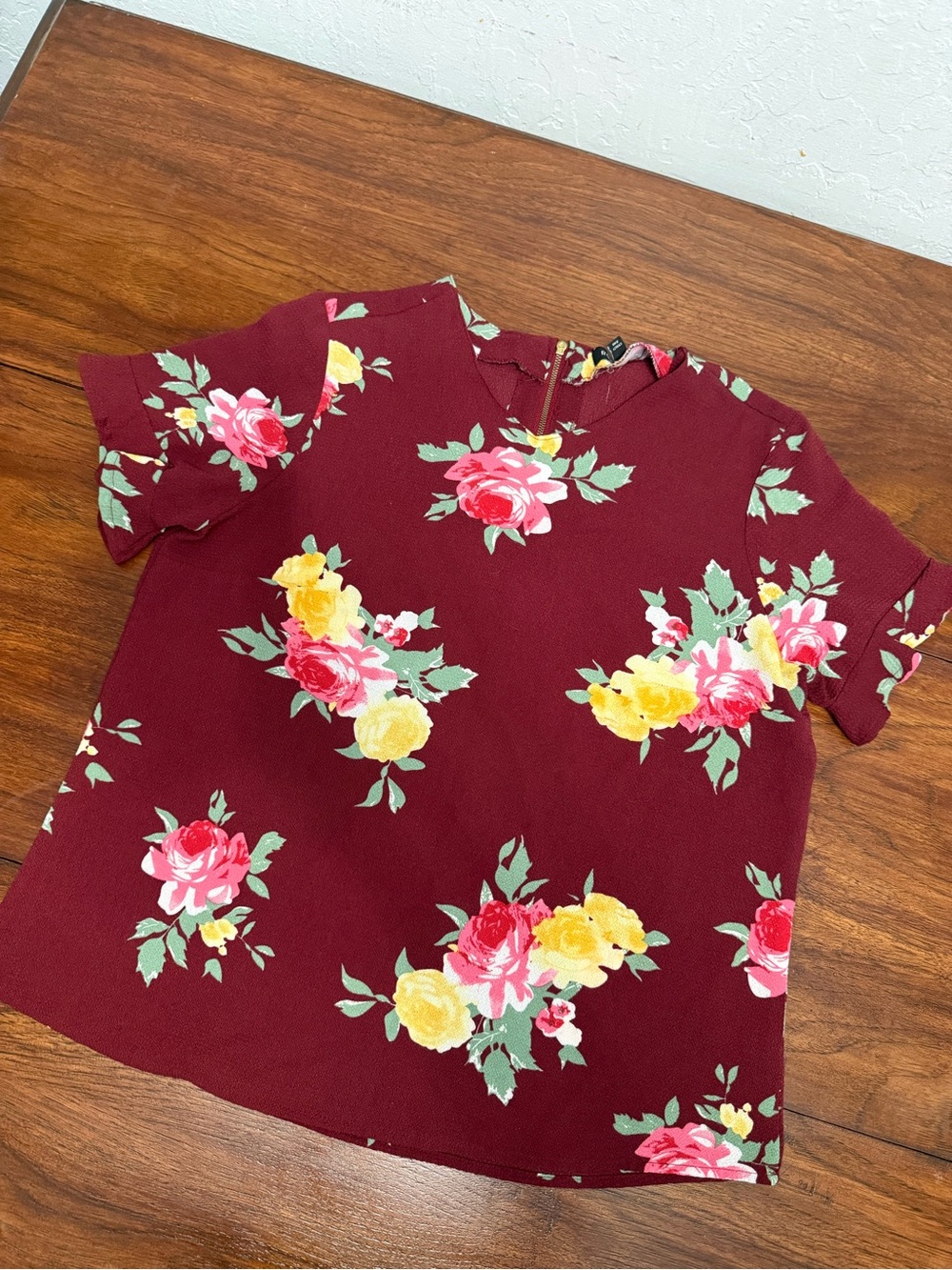 Floral Short-Sleeve Top in Burgundy